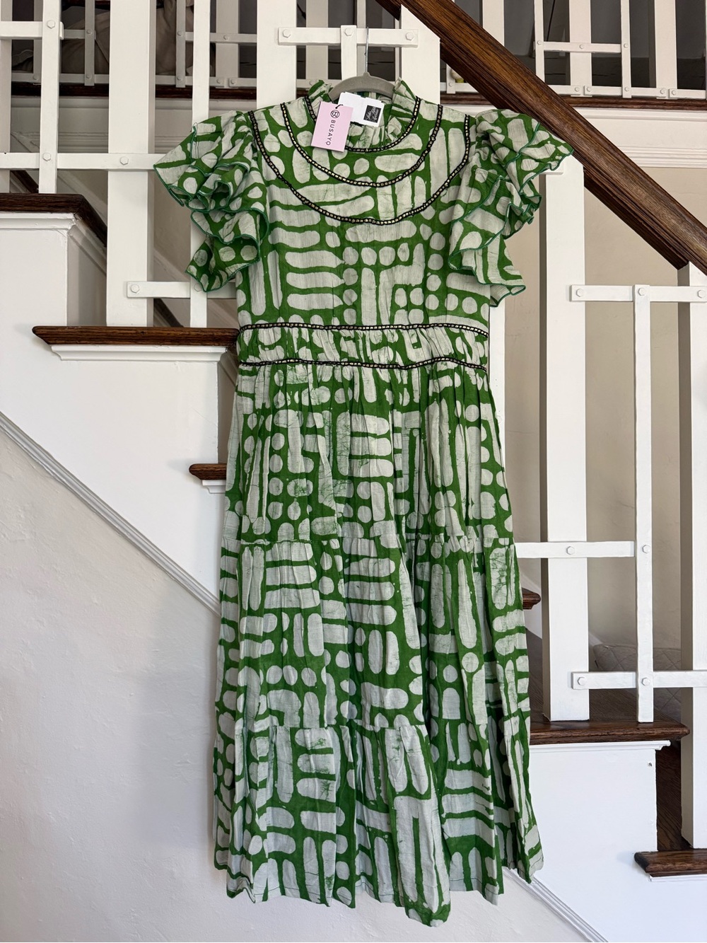 Busayo Green Printed Ruffle-Sleeve Midi Dress